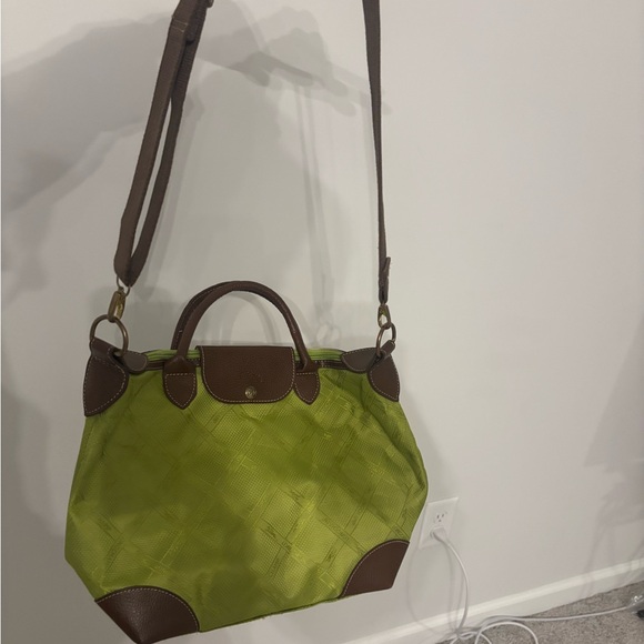 Longchamp green/yellow tote with brown leather accents - Picture 3 of 4